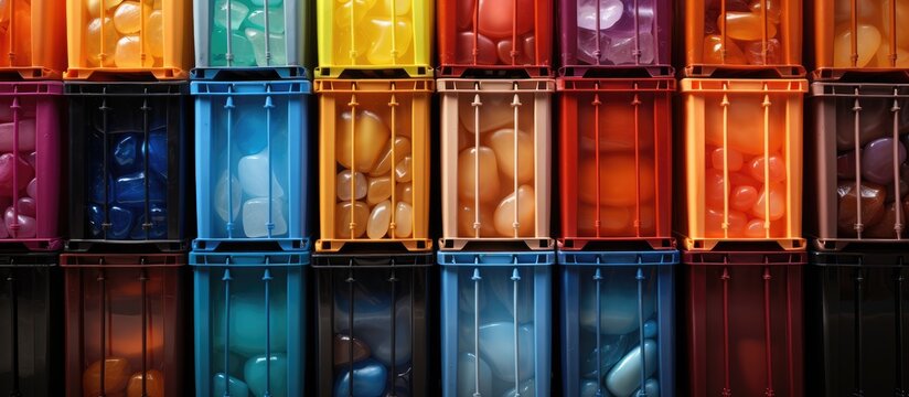 Colorful plastic transport boxes for transporting fish in port warehouse	