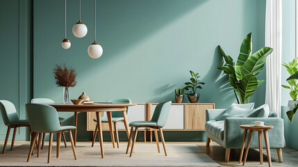 Mint color chairs at round wooden dining table in room with sofa and cabinet near green wall. Scandinavian, mid-century home interior design of modern living room