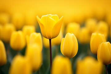 A vibrant yellow tulip stands out in a field of blurred yellow tulips. Generative AI - obrazy, fototapety, plakaty