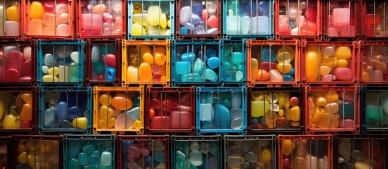 Fototapeta na wymiar Colorful plastic transport boxes for transporting fish in port warehouse 
