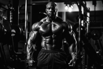 Fototapeta na wymiar A powerful Afro American bodybuilder posing in the gym, showcasing well-defined muscles and strength, set against the backdrop of weightlifting equipment, intense and impressive, clear and focused
