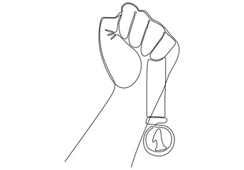 Hand holding trophy continuously drawing one line symbol of achievement, winner and success of the competition. Victory and award theme signs and symbols.