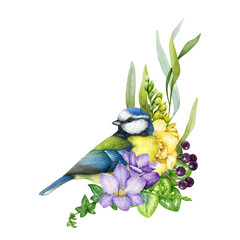 Garden flowers decor with blue tit bird. Watercolor illustration. Painted backyard bird with garden flowers, freesia, leaves decoration element. Floral decor with chickadee. White background