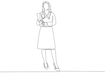 Continuous line drawing of female doctor with stethoscope. One line art of health care concept. Vector illustration.