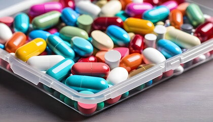 Box of colorful pills and capsules on the table, close up view. Healthcare and medicine concept created with generative ai