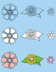 set of vector flower illustrations in outline, black and white, and in color