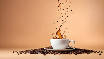 Cup of coffee with splashes and coffee beans flying in the air on light brown background, copy space for advertisement , commercials created with generative ai