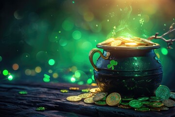 Happy St Patrick`s Day concept with cauldron of gold coins and Green beer pint. Patricks day shamrock clover, golden coins and green shamrock clover - obrazy, fototapety, plakaty