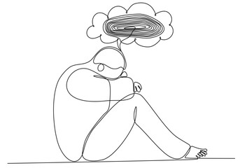 Continuous line drawing of young man feeling sad, and suffering from depression hand drawn vector illustration