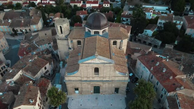 Aerial revealing shot of the &eacute;glise notre dame de l'assomption de lambesc