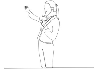 Journalist woman drawing a single line. Beautiful female reporter holding microphone. Newscaster broadcasts news with a reporter. Modern continuous line drawing design vector graphic illustration