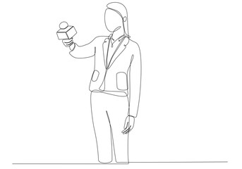 Journalist woman drawing a single line. Beautiful female reporter holding microphone. Newscaster broadcasts news with a reporter. Modern continuous line drawing design vector graphic illustration
