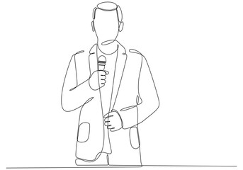 journalist man drawing a single line. Handsome male reporter holding microphone. Newscaster broadcasts news with a reporter. Modern continuous line drawing design vector graphic illustration