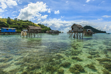 Beautiful landscapes view borneo sea gypsy water village in Bodgaya Mabul Island, Semporna Sabah, Malaysia.