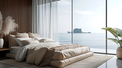 Bed with beige bedding against big panoramic window with sea view. Boho interior design of modern bedroom 