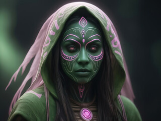 Ethereal Tribal Spirit - A spectral ghost with tribal-inspired designs and haunting presence in a lush green and soft pink environment Gen AI