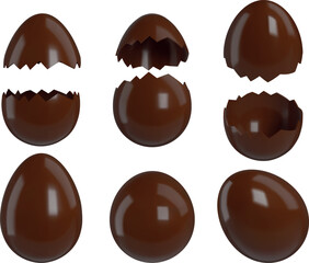 3d chocolate eggs. isolated full and broken chocolate eggs realistic illustration