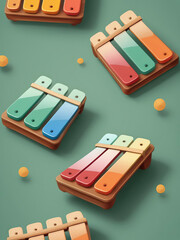 Vibrant and Playful Xylophone with Dancing Rainbow Bars - Cheerful and Colorful Digital Vector Art with Cute Gradients in Sage Green and Terracotta - Realistic 8K High-Resolution Illustration Gen AI