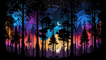 a forest under the night sky psychedelic ,minimalistic