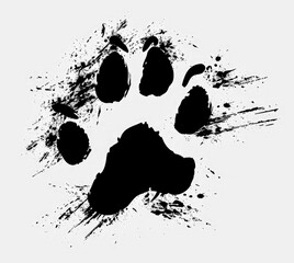 Black silhouette of one dog footprint transparent on background.