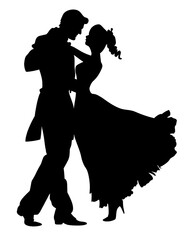 Black Silhouette of a couple dancing at an opera ball transparent on background.
