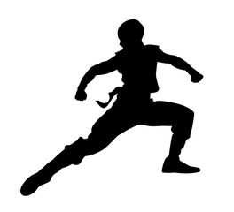 Black silhouette of a Fighter showing kung fu kicks transparent on background.
