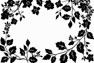 Black silhouette of a flower frame ornament transparent on background.
