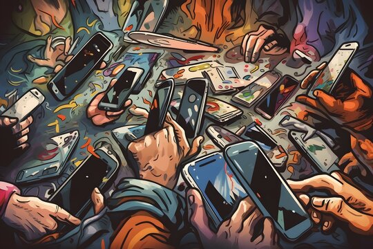 Illustration of addiction of phones in the world and in a meaningful and powerful manner in ultra high details, High contrast and attractive colors