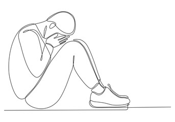 Continuous line drawing of young man feeling sad, tired and worried suffering from depression in mental health vector illustration
