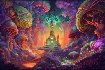 Ultra psychedelic realm with intricate details and trippy colors