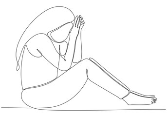 Continuous line drawing of young woman feeling sad, tired and worried suffering from depression in mental health vector illustration