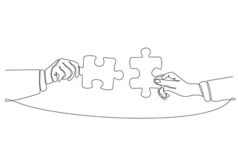 Continuous line drawing of hand Merge Two Pieces Puzzle isolated on white background.