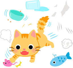 走り回って遊ぶ猫と散らかった物
