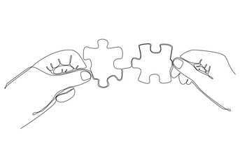 Continuous line drawing of hand Merge Two Pieces Puzzle isolated on white background.