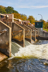 Autumnal Dam Water Release at Huron River Park, Elevated View