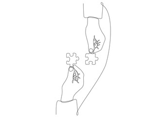 Continuous line drawing of hand Merge Two Pieces Puzzle isolated on white background.