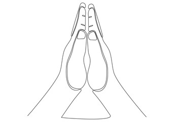 continuous line drawing of prayer hands. Palms together. Vector illustration.