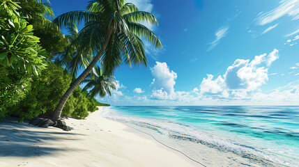A sunny beach with palm trees, where white sand gently frames turquoise waters, creating an ideal