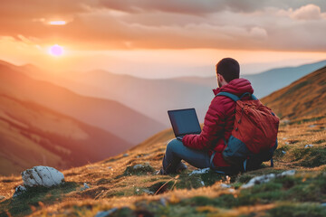 Young man with a backpack sitting on the top of a mountain and working on a laptop at sunset