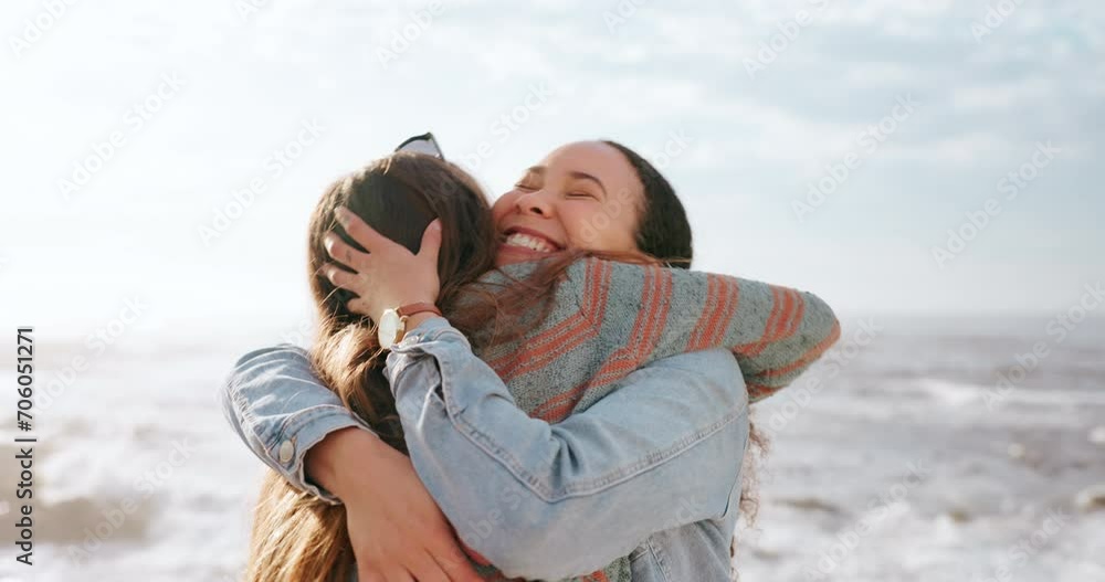 Sticker Love, happy or friends hug at a beach on holiday vacation for bonding or support together in summer. Excited young women, smile or gen z people outdoors at sea with freedom, diversity or wellness