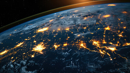 A photograph of a night city from space, with bright lights and light traces on the earth's surfac