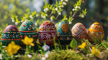 Easter eggs decorated with threads, beads and other decorative elements - obrazy, fototapety, plakaty