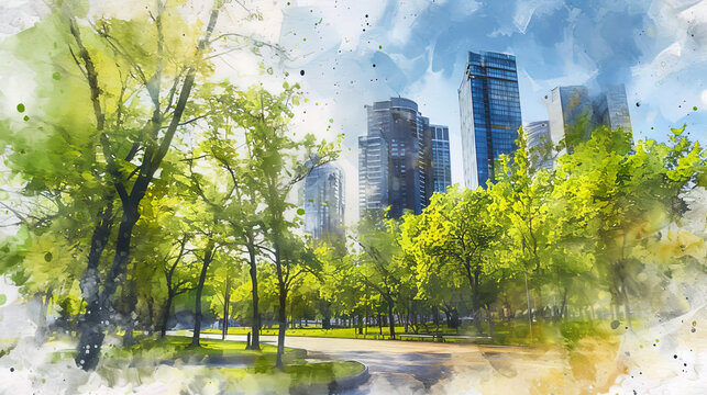 Emotional watercolor, conveying the atmosphere of a city park with high buildings against the back