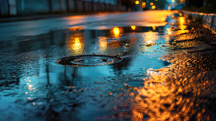 The reflection of the night city in puddles on the asphalt, like an abstract art, creating unusual