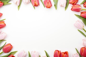 Pink tulips on white background with copy space