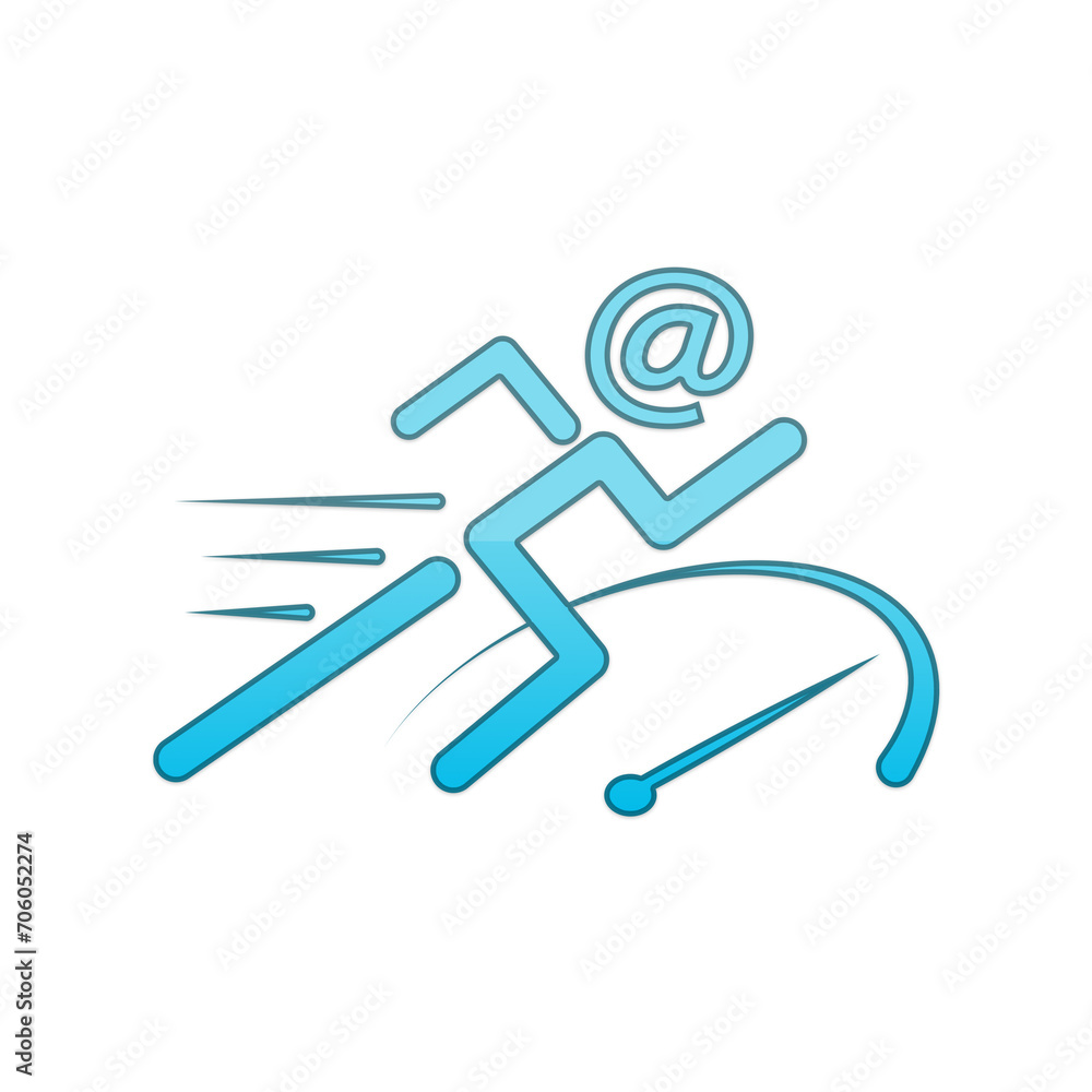 Aufkleber fast internet connection. human figure with email address symbol head running near speedometer on wh