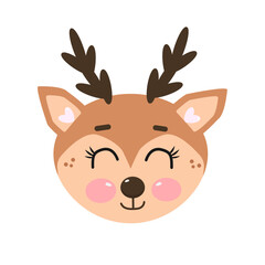 Vector christmas illustration of cute kawaii smiling deer face, head. Head of happy deer with eyes closed in childish style isolated on white background