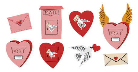 Valentine day collection. Hand drawn cartoon cute heart elements in retro vintage style. Mailbox or postbox shape set. Love bird mail, post box with wings. Valentine’s Day vector illustration.