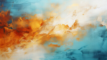 Fluid abstract painting with aqua tones and gold accents.
