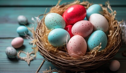 Basket with colorful Easter eggs on a wooden background.